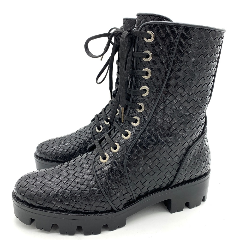 Pons Quintana Black Leather Woven Ankle Boots Zip Lace